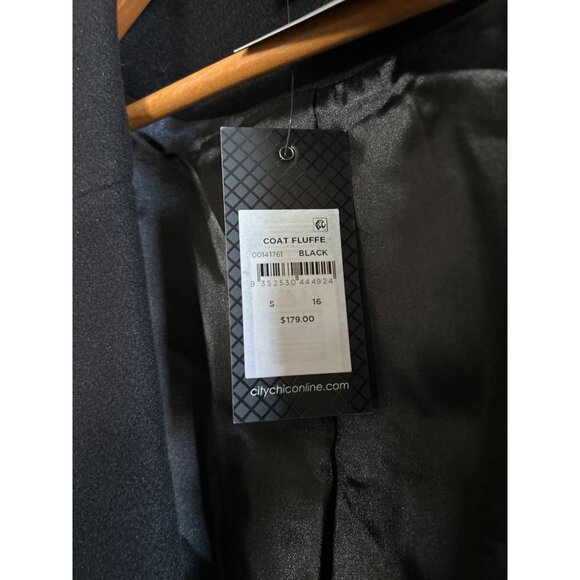 City Chic Black Coat Fluffe – Size 16 Faux Fur Cuff Belted Jacket NEW - Picture 5 of 16